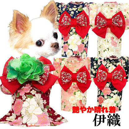 【着物 犬 服 犬の服 秋服 冬服用】艶やか晴れ着 伊織(いおり)《名入れ可能》《コサージュ別売》【和柄 正月 年賀状 初詣 花柄 日本製ドッグ ペット ウェア ダックス トイプードル チワワ タムベディ】