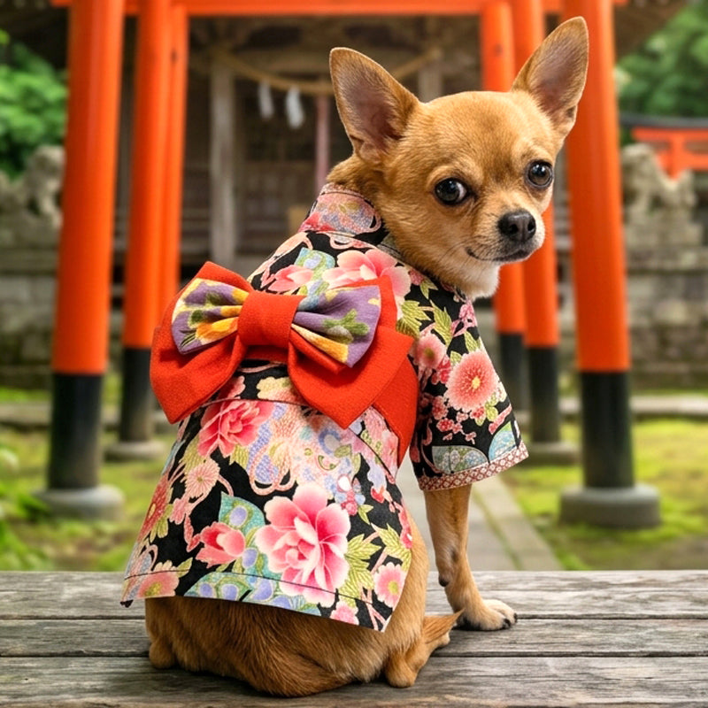 【犬服 着物 犬 服 犬の服 秋服 冬服用】艶やか晴れ着 華恋(かれん)《名入れ可能》《コサージュ別売》【日本製 和柄 正月 年賀状 初詣 花柄 ドッグ ペット ウェア ダックス トイプードル チワワ タムベディ セール】