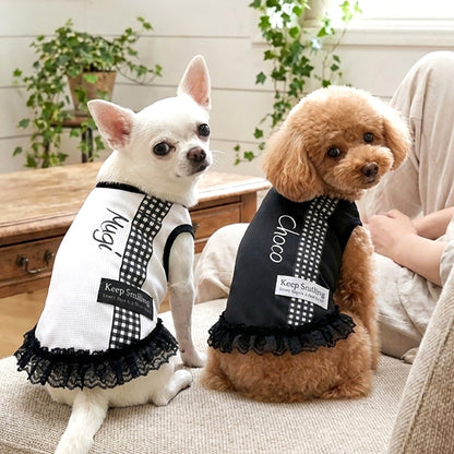 【犬服 犬 服 犬の服 名入れ 春服 夏服用】愛犬のお名前入り 接触冷感素材クール キープスマイリングワンピース【フリル チェック 抜け毛対策 ドッグ ペット ウェア トイプードル チワワ タムベディ ヨーキー】(S/B/W/H/)