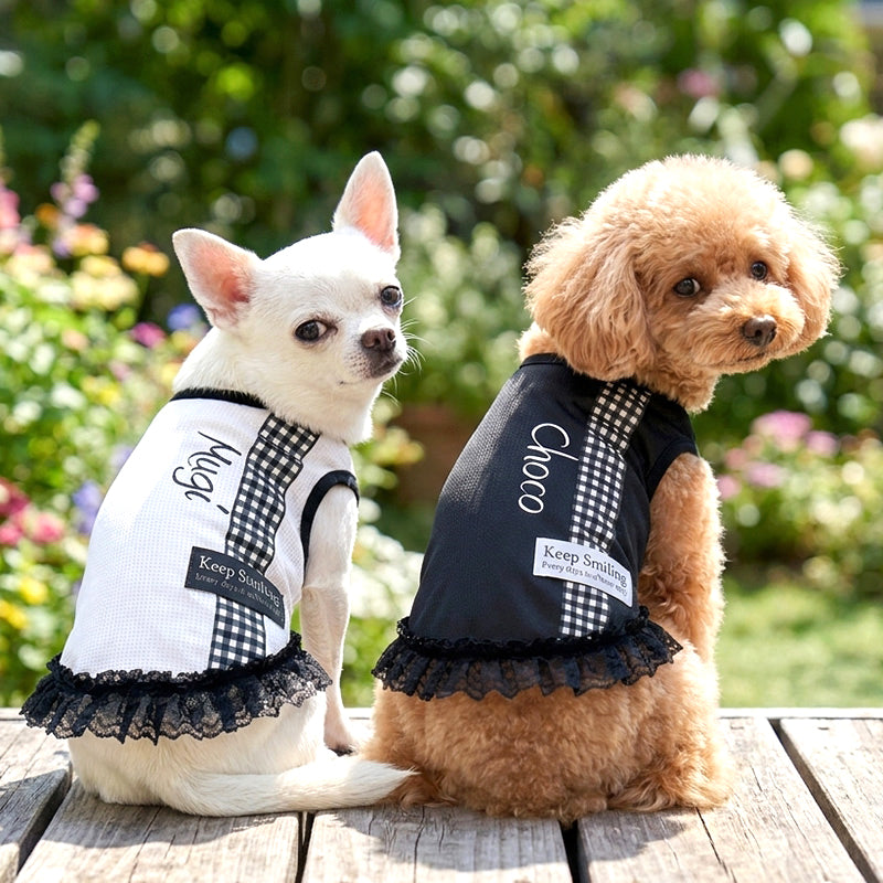 【犬服 犬 服 犬の服 名入れ 春服 夏服用】愛犬のお名前入り 接触冷感素材クール キープスマイリングワンピース【フリル チェック 抜け毛対策 ドッグ ペット ウェア トイプードル チワワ タムベディ ヨーキー】(S/B/W/H/)