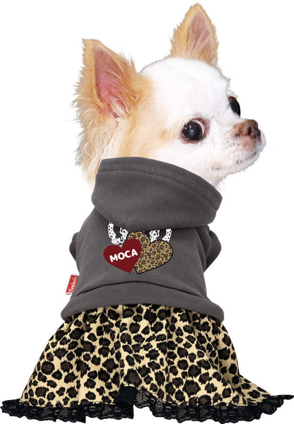 【犬服 犬 服 犬の服 名入れ 秋服 冬服用】愛犬のお名前入り ラブリーレオパードワンピース【ハート パーカー フード ドッグ ペット ウェア ダックス トイプードル チワワ タムベディおしゃれ】(L/)