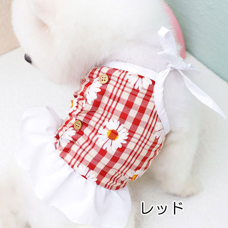 【犬 夏服 犬の服 春服用】マーガレットキャミワンピース【ドッグウェア 花柄 チェック リボン 肩ひも ボタン キャミソール ペット ダックス トイプードル チワワ タムベディ】[CN][GI]
