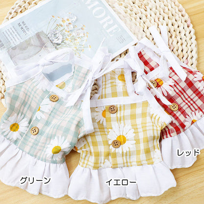 【犬 夏服 犬の服 春服用】マーガレットキャミワンピース【ドッグウェア 花柄 チェック リボン 肩ひも ボタン キャミソール ペット ダックス トイプードル チワワ タムベディ】[CN][GI]