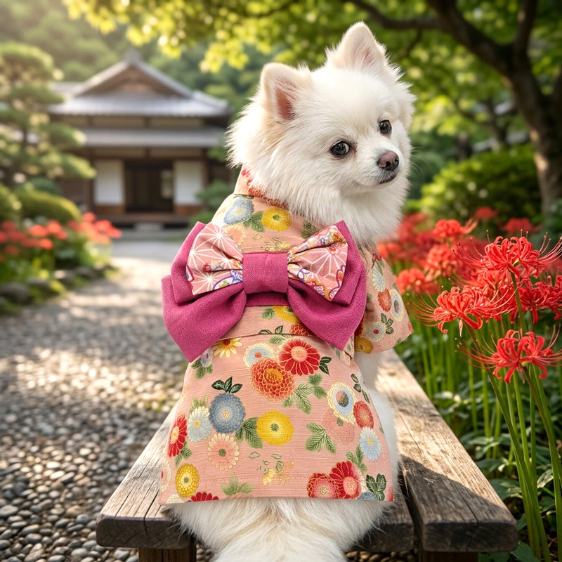 【犬服 着物 犬 服 犬の服 秋服 冬服用】艶やか晴れ着 鞠月(まりづき)《名入れ可能》《コサージュ別売》【日本製 和柄 正月 年賀状 初詣 花柄 ドッグ ペット ウェア ダックス トイプードル チワワ タムベディ セール】