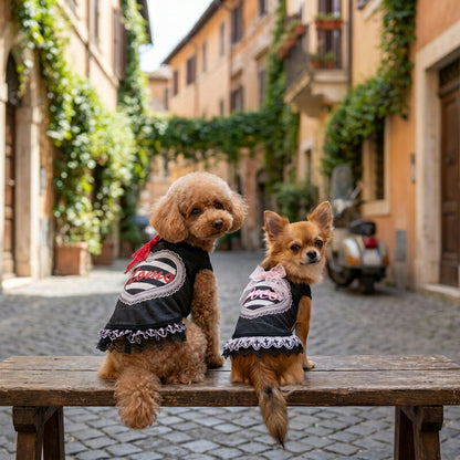 【犬服 犬 服 犬の服 秋服 冬服用】愛犬のお名前入り　モノクロームワンピース【レース 日本製 パンク ハート おでかけ ライブドッグ ペット ウェア ダックス トイプードル チワワ タムベディかわいい ポメラニアン】(S/3/W/H/)