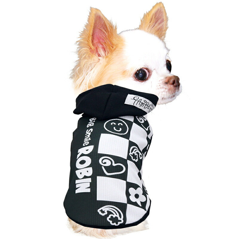 【犬服 犬 服 犬の服 夏服用】愛犬のお名前入り 接触冷感素材 クール モノポップパーカー【日本製 スマイル モノトーン 冷たい ひんやり ドッグ ペット ウェア ダックス トイプードル チワワ タムベディ おしゃれ パグ】(S/B/N/H/)