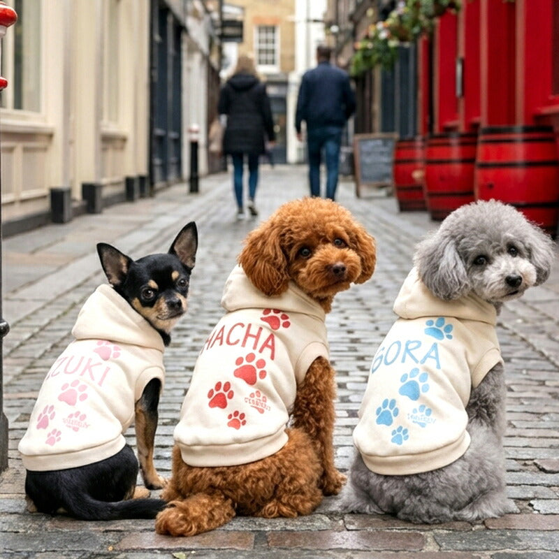 【犬服  犬の服 春秋服 冬服用】愛犬のお名前入り マイステップフーディ【パーカー 日本製 肉球 オリジナル ドッグ ペット ウェア ダックス トイプードル チワワ タムベディ 愛らしい パグ】(S/3/RI/H/)