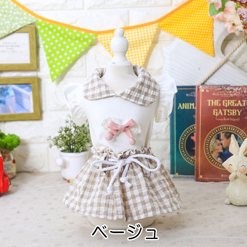 【犬 夏服 犬の服 春服用】リボンチェックワンピース【ドッグウェア ロープ 襟付き 丸襟 リボン ドッグ ペット ダックス トイプードル チワワ タムベディキュート ポメラニアン】[CN]