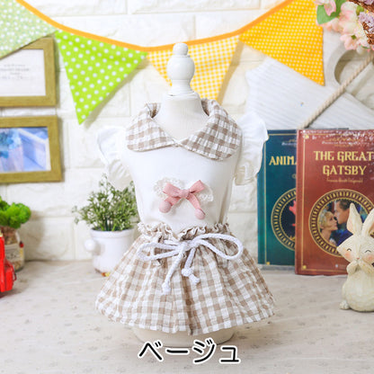 【犬 夏服 犬の服 春服用】リボンチェックワンピース【ドッグウェア ロープ 襟付き 丸襟 リボン ドッグ ペット ダックス トイプードル チワワ タムベディキュート ポメラニアン】[CN]