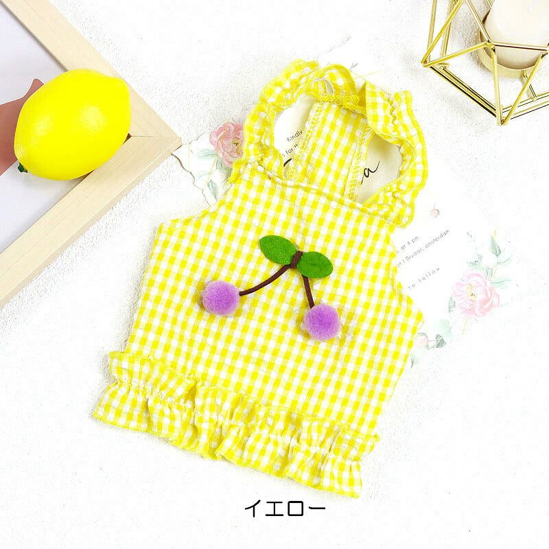 【犬 夏服 犬の服 春服用】さくらんぼガールワンピース【ドッグウェア チェリー 前開き チェック フリル ペット ダックス トイプードル チワワ タムベディかわいい ポメラニアン】[CN]