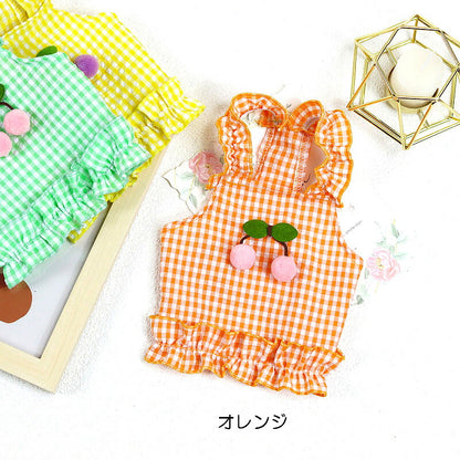 【犬 夏服 犬の服 春服用】さくらんぼガールワンピース【ドッグウェア チェリー 前開き チェック フリル ペット ダックス トイプードル チワワ タムベディかわいい ポメラニアン】[CN]