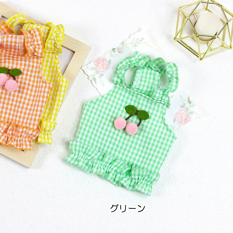 【犬 夏服 犬の服 春服用】さくらんぼガールワンピース【ドッグウェア チェリー 前開き チェック フリル ペット ダックス トイプードル チワワ タムベディかわいい ポメラニアン】[CN]