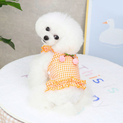 【犬 夏服 犬の服 春服用】さくらんぼガールワンピース【ドッグウェア チェリー 前開き チェック フリル ペット ダックス トイプードル チワワ タムベディかわいい ポメラニアン】[CN]