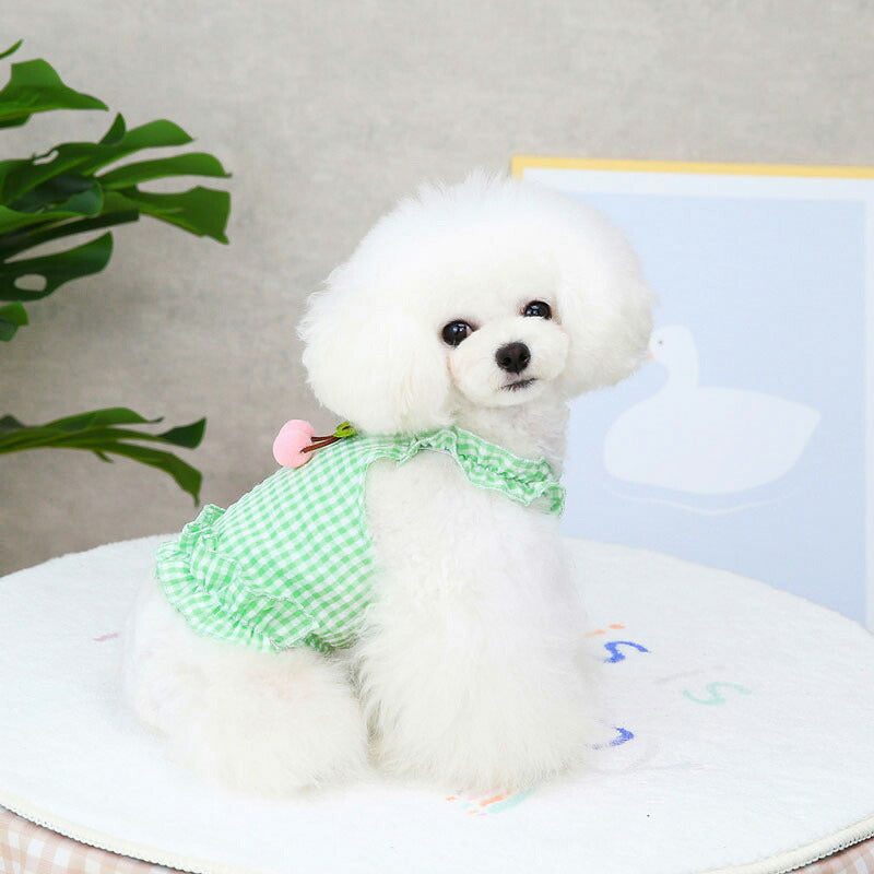 【犬 夏服 犬の服 春服用】さくらんぼガールワンピース【ドッグウェア チェリー 前開き チェック フリル ペット ダックス トイプードル チワワ タムベディかわいい ポメラニアン】[CN]