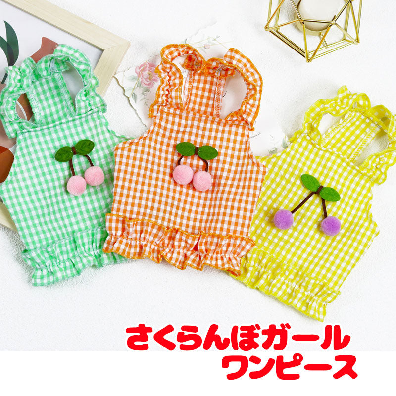 【犬 夏服 犬の服 春服用】さくらんぼガールワンピース【ドッグウェア チェリー 前開き チェック フリル ペット ダックス トイプードル チワワ タムベディかわいい ポメラニアン】[CN]