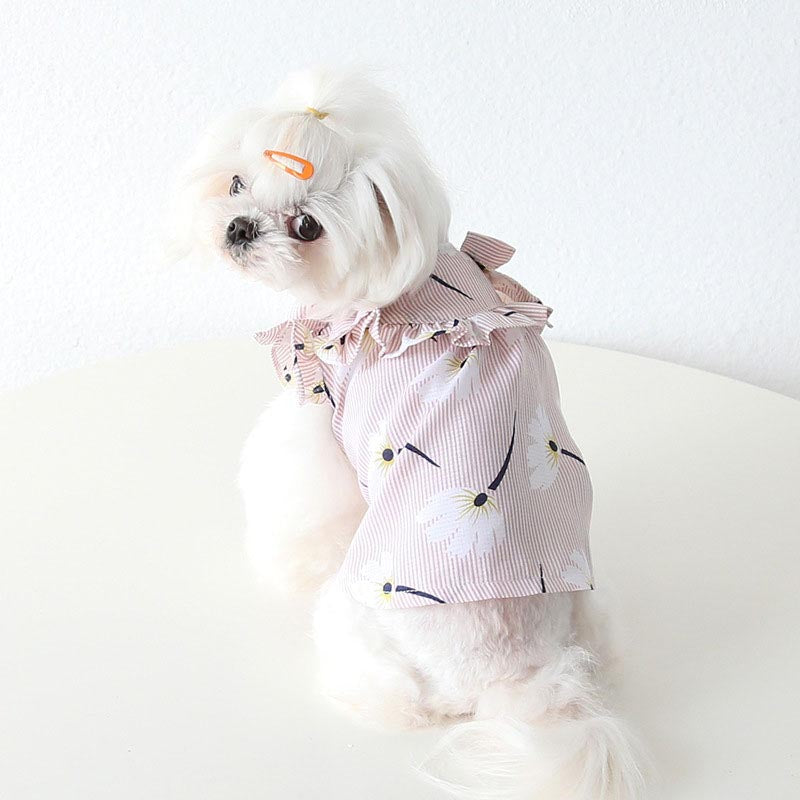 【犬服 犬 服 犬の服 春服 夏服 】ショルダーリボンシャツ【花柄 フリル ボーダードッグ ペット ウェア アウトレット ダックス トイプードル チワワ タムベディきれい シーズー】[CN]