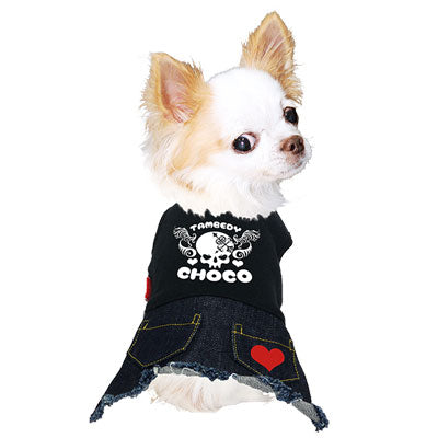 【犬服 犬 服 犬の服 名入れ】愛犬のお名前入り スカルデニムワンピース【ドッグウェア ペット 骸骨 女の子 トイプードル チワワ ダックス おしゃれ マルチーズ タムベディ】(L/)
