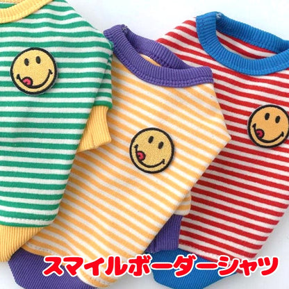 【犬服 犬 服 犬の服 秋服 冬服用】スマイルボーダーシャツ《名入れ可能》【ニコちゃん しましま Ｔシャツ 袖ありドッグ ペット ウェア ダックス トイプードル チワワ タムベディ爽やか】[CN]