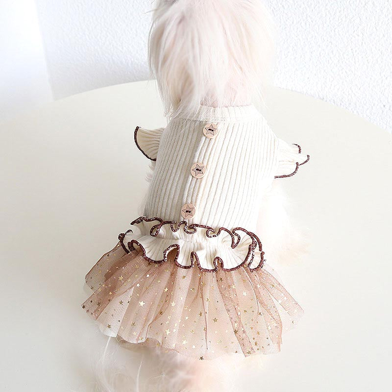 【犬服 犬 服 犬の服 秋服 冬服用】スターチュールワンピース【フリフリ シフォン ラメ 星 スター ボタンドッグ ペット ウェア ダックス トイプードル チワワ タムベディ ポメラニアン】【202210】[CN][GI]