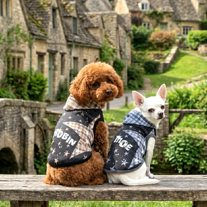 【犬服 犬 服 犬の服 春秋服 冬服用】愛犬のお名前入り ステラチェックパーカー 【スター 星 日本製 オリジナル ドッグ ペット ウェア ダックス トイプードル チワワ タムベディ おしゃれ マルチーズ】(S/3/N/H/)