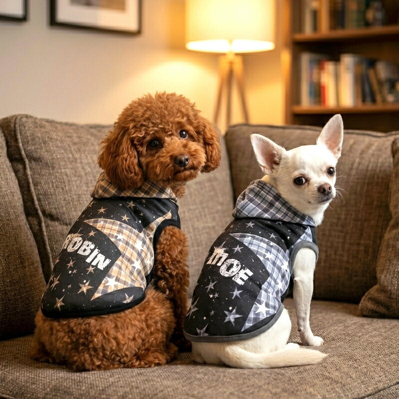 【犬服 犬 服 犬の服 春秋服 冬服用】愛犬のお名前入り ステラチェックパーカー 【スター 星 日本製 オリジナル ドッグ ペット ウェア ダックス トイプードル チワワ タムベディ おしゃれ マルチーズ】(S/3/N/H/)
