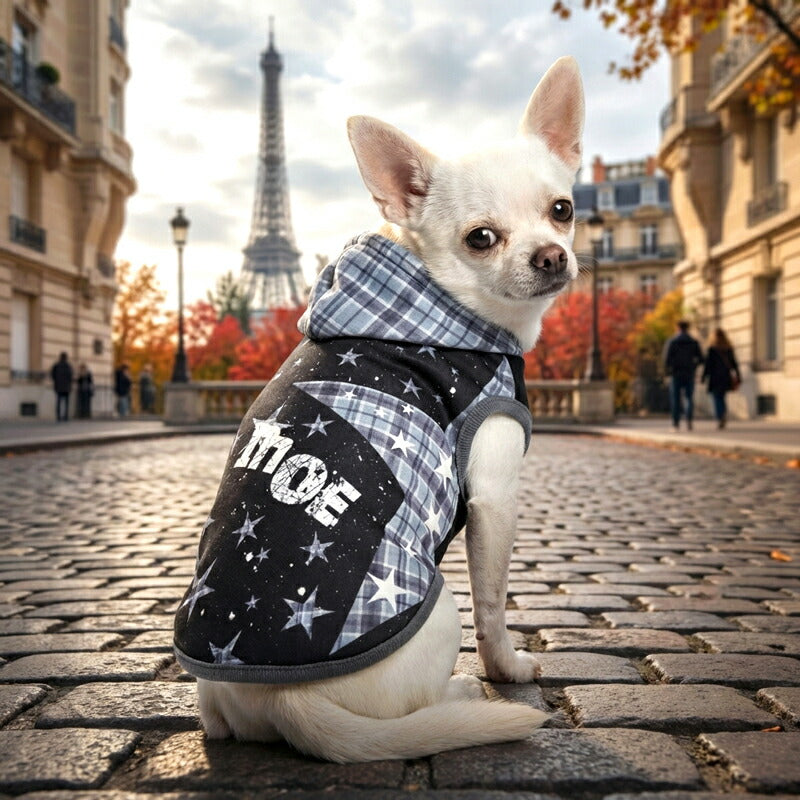 【犬服 犬 服 犬の服 春秋服 冬服用】愛犬のお名前入り ステラチェックパーカー 【スター 星 日本製 オリジナル ドッグ ペット ウェア ダックス トイプードル チワワ タムベディ おしゃれ マルチーズ】(S/3/N/H/)