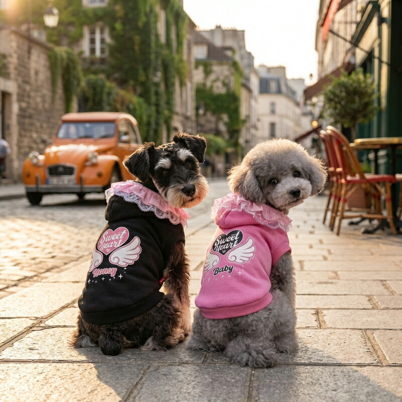 【犬服 犬 服 犬の服 名入れ 秋服 冬服用】愛犬のお名前入り スイートハートパーカー【トレーナー フリル レース ハートドッグ ペット ウェア ダックス トイプードル チワワ タムベディキュート マルチーズ】(O/F/RI/L/)