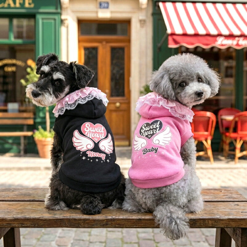 【犬服 犬 服 犬の服 名入れ 秋服 冬服用】愛犬のお名前入り スイートハートパーカー【トレーナー フリル レース ハートドッグ ペット ウェア ダックス トイプードル チワワ タムベディキュート マルチーズ】(O/F/RI/L/)