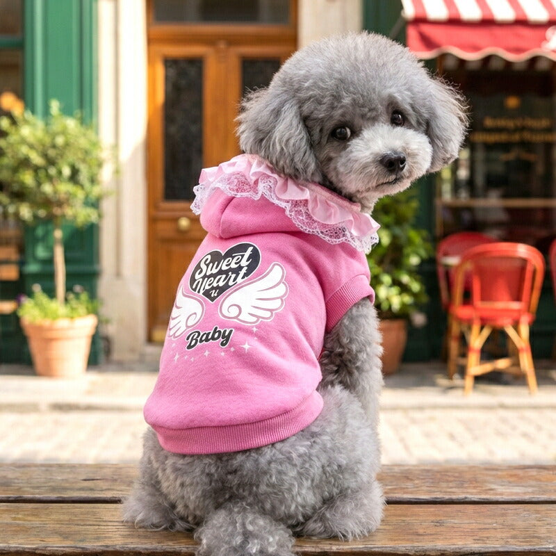 【犬服 犬 服 犬の服 名入れ 秋服 冬服用】愛犬のお名前入り スイートハートパーカー【トレーナー フリル レース ハートドッグ ペット ウェア ダックス トイプードル チワワ タムベディキュート マルチーズ】(O/F/RI/L/)