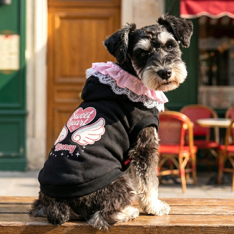 【犬服 犬 服 犬の服 名入れ 秋服 冬服用】愛犬のお名前入り スイートハートパーカー【トレーナー フリル レース ハートドッグ ペット ウェア ダックス トイプードル チワワ タムベディキュート マルチーズ】(O/F/RI/L/)