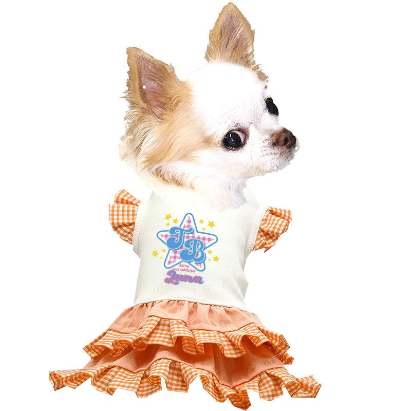 【犬服 犬 服 犬の服 名入れ 春夏 秋服用】愛犬のお名前入り TBスターワンピース【フリル チェック 袖 星ドッグ ペット ウェア アウトレット ダックス トイプードル チワワ タムベディおしゃれ】(H/)