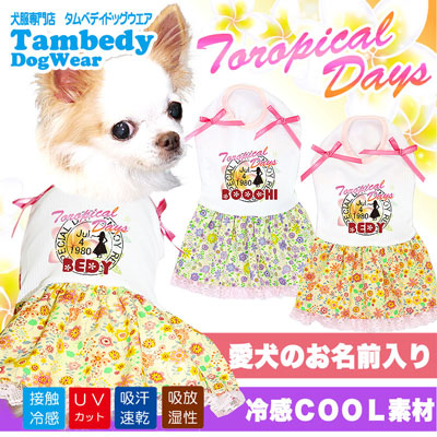 【犬 夏服 犬の服 名入れ 春服用】ひんやり 接触冷感素材 クール 愛犬のお名前入り トロピカルデイズ ワンピース 【ドッグウェア チワワ ダックス トイプードル おしゃれ 柴犬 タムベディ】(H/)[GI]
