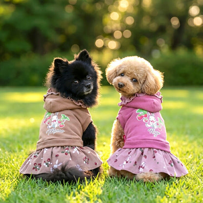【犬服 犬 服 犬の服 名入れ 秋服 冬服用】愛犬のお名前入り うさぎとイチゴのコーデュロイワンピース【フリルストロベリートレーナードッグ ペット ウェア ダックス トイプードル チワワ タムベディおしゃれ ポメ】(L/)