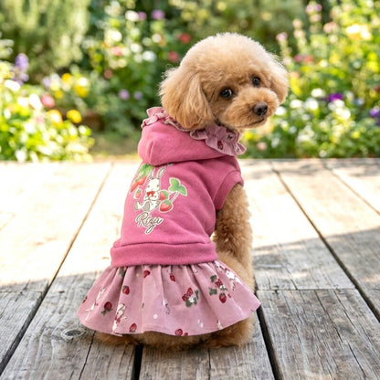 【犬服 犬 服 犬の服 名入れ 秋服 冬服用】愛犬のお名前入り うさぎとイチゴのコーデュロイワンピース【フリルストロベリートレーナードッグ ペット ウェア ダックス トイプードル チワワ タムベディおしゃれ ポメ】(L/)