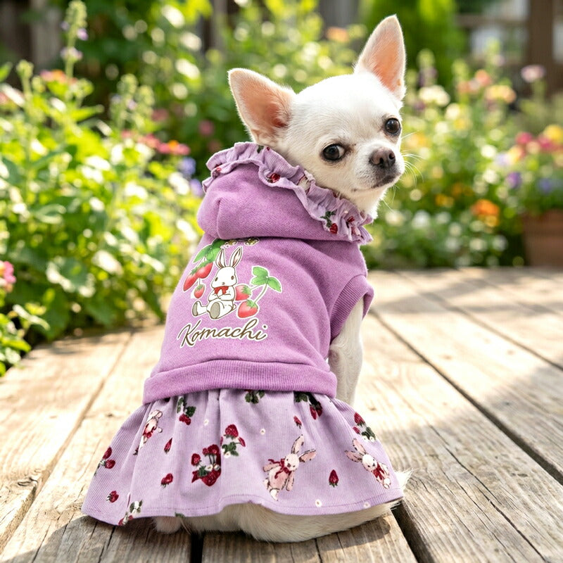 【犬服 犬 服 犬の服 名入れ 秋服 冬服用】愛犬のお名前入り うさぎとイチゴのコーデュロイワンピース【フリルストロベリートレーナードッグ ペット ウェア ダックス トイプードル チワワ タムベディおしゃれ ポメ】(L/)