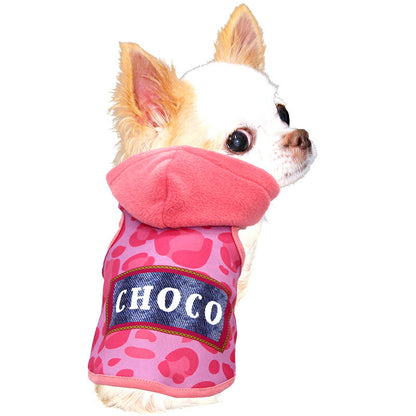 【犬服 犬 服 犬の服 秋服 冬服用】愛犬のお名前入り ビビッドレオパードフリースパーカー【アニマル柄 レオパード デニム風 日本製 ドッグ ペット ウェア トイプードル チワワ タムベディ マルチーズ】(S/3/T/H/)