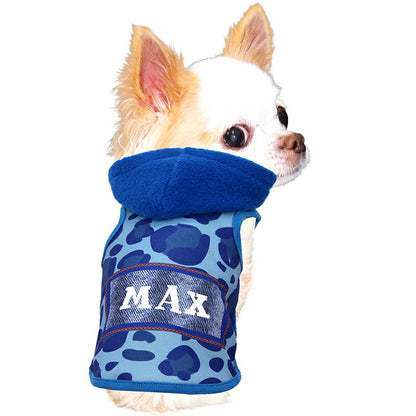 【犬服 犬 服 犬の服 秋服 冬服用】愛犬のお名前入り ビビッドレオパードフリースパーカー【アニマル柄 レオパード デニム風 日本製 ドッグ ペット ウェア トイプードル チワワ タムベディ マルチーズ】(S/3/T/H/)