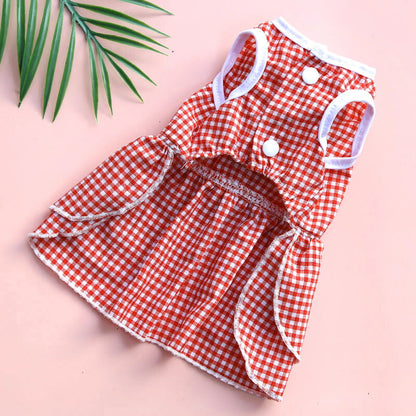 【犬 夏服 犬の服 春服用】ウエストリボンワンピース【ドッグウェア 前開き ボタン チェック フリル ペット アウトレット ダックス トイプードル チワワ タムベディ シーズー】[CN][GI]