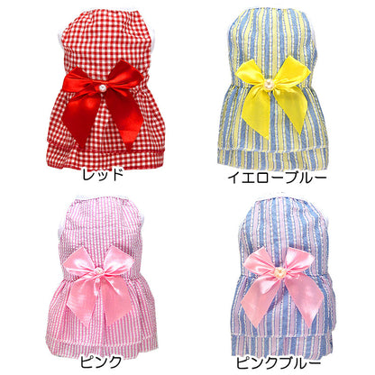 【犬 夏服 犬の服 春服用】ウエストリボンワンピース【ドッグウェア 前開き ボタン チェック フリル ペット アウトレット ダックス トイプードル チワワ タムベディ シーズー】[CN][GI]